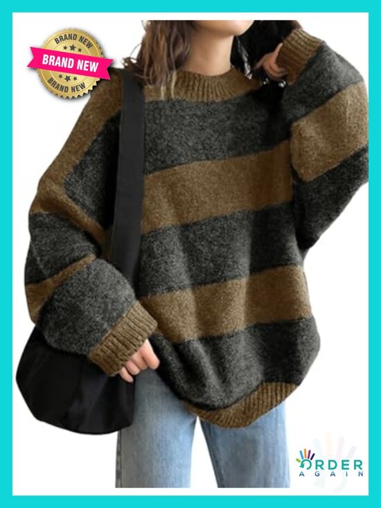 Sweaters - Oversized Striped Crewneck Knit Pullover Sweater Long Sleeve